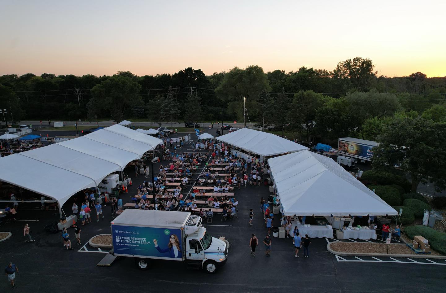 The Greek Fest tent at dusk