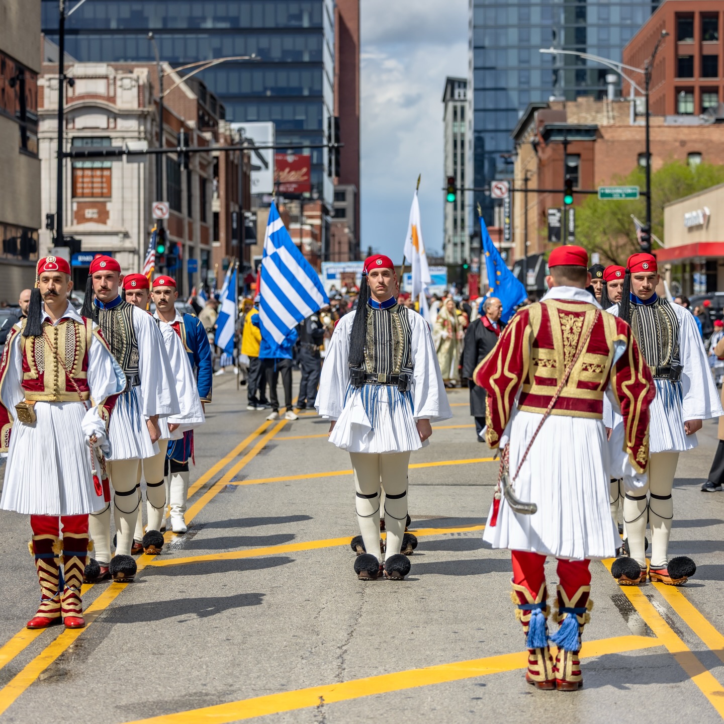 Parishioners in evzone costume at the Greek Independence Day parade
